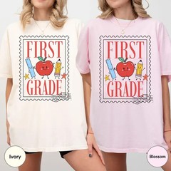 Vintage First Grade Shirt Cute Apple Pencil Postage Stamp Back To School Tee