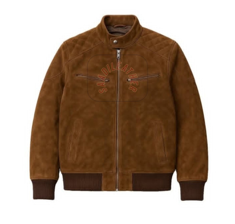 Men’s Brown Suede Leather Bomber Jacket Quilted Shoulder Cafe Racer