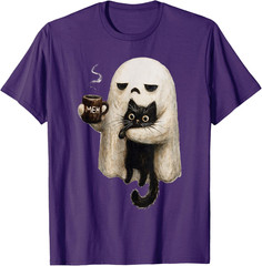 Ghost Cat Spooky Black Cat Funny Halloween Coffee Lover T-Shirt