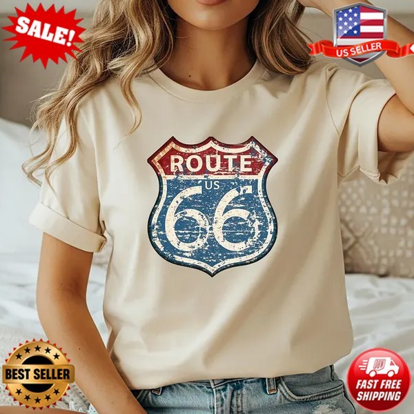 Route 66 Shield T-shirt | Vintage American Road Sign Tee T-Shirt – Up to 5XL