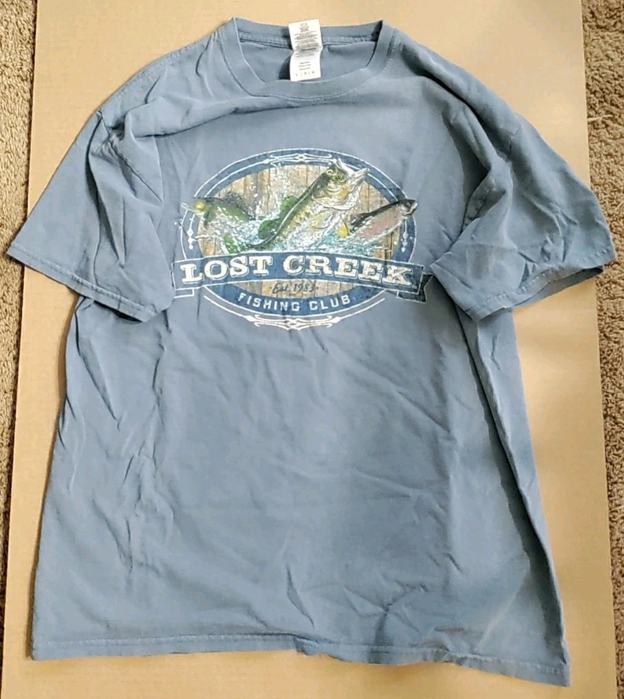 Gildan Shirt Mens Large Blue Lost Creek Fishing Club Casual Outdoors Nature