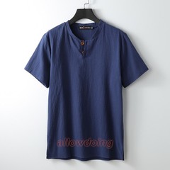 Men’s Stand-up Collar Short Sleeve Cotton Hemp Summer T-shirt Loose Linen V-neck