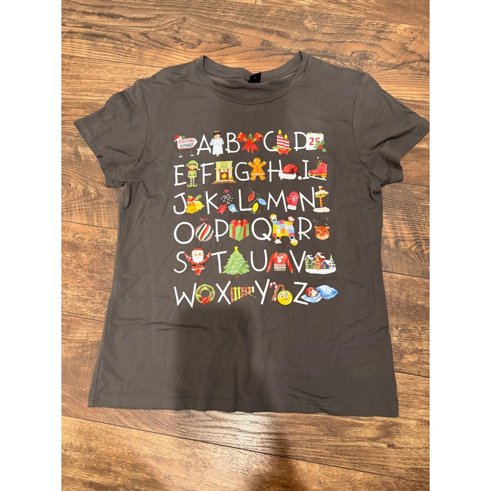 SHEIN Christmas Alphabet Graphic T-Shirt Charcoal Gray Holiday Short Sleeve M
