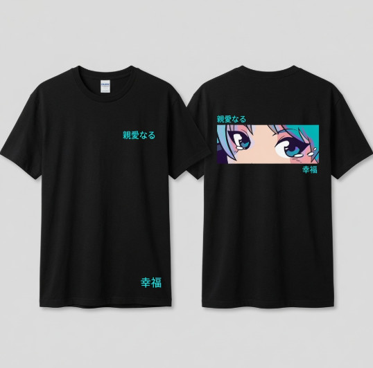 Cyan Anime Eye T-Shirt Japanese Aesthetic Manga Style Streetwear Graphic Tee