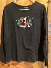 Black LS Tshirt With Old World Embroidered Santa Winter Scene Size L (12-14) VTG