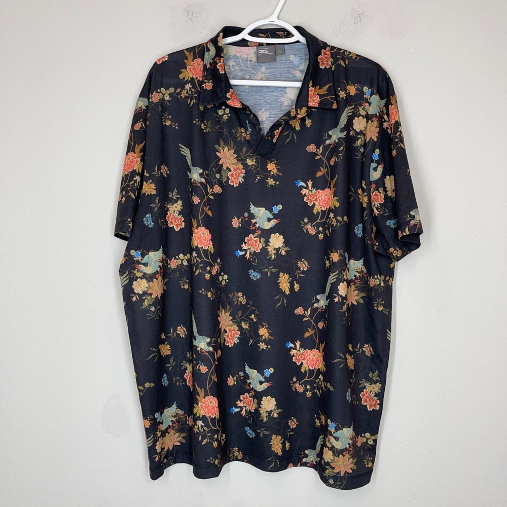 ASOS Pullover Hawaiian Shirt Mens Size 3XL Floral Bird Print Collared Multicolor