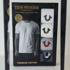 TRUE RELIGION LOUNGEWEAR 3 + 1 PACK CREW NECK TEES MEN SZ M METALLIC LOGO W/G/B