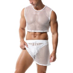 Men 2 Piece Set Fishnet Crop Tops Mesh See-Through Vests Undershirts With Shorts
