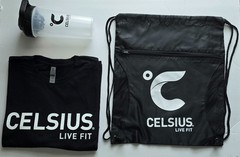 Celsius Live Fit Merch Bundle: T-shirt, Shaker Bottle, and Drawstring Bag