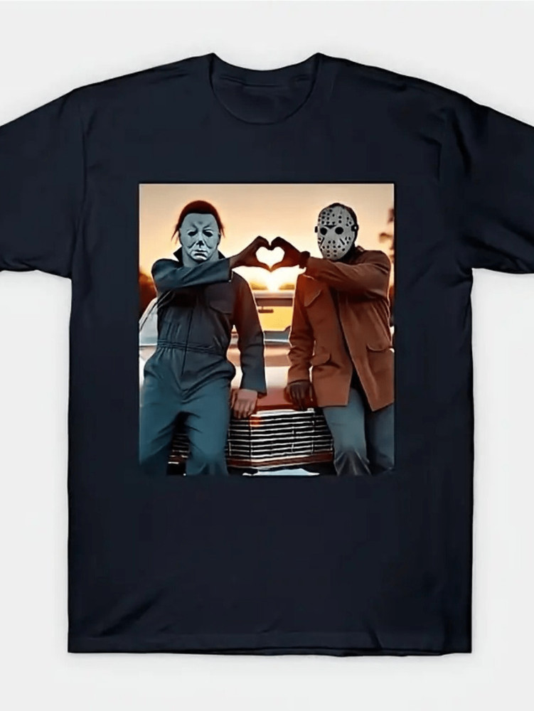 Retro Halloween T-shirt – Jason Voorhees&Michael Myers Heart Pattern