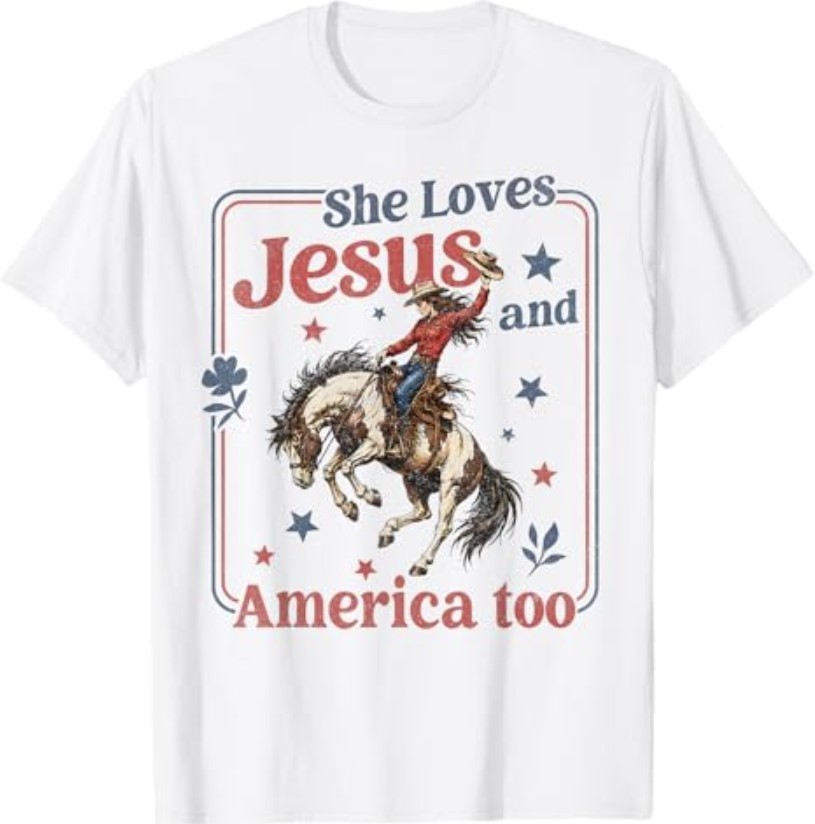 She Loves Jesus & America Too Christian 4th of July Cowgirl T-Shirt