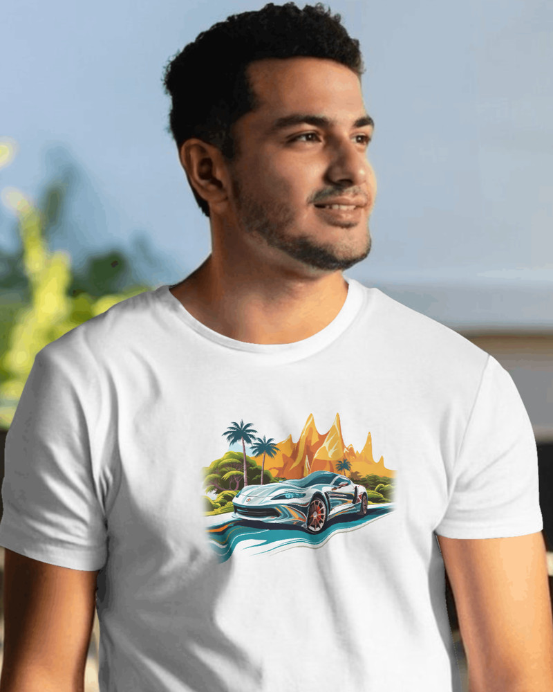 Men Super Sports Car Automotive White Smooth Polyester T-shirt Regular Size Gift