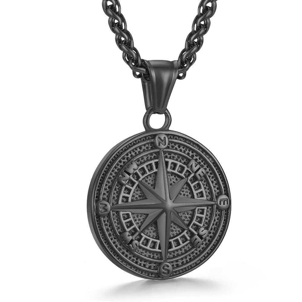 Men’s Compass Pendant Necklace Stainless Steel Compass Circle Vintage Coin Ne…