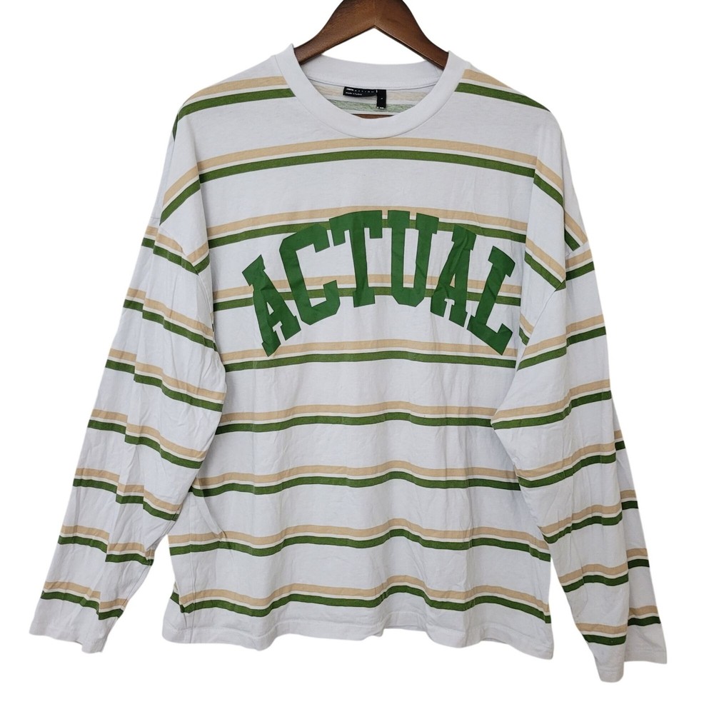 Asos Design Actual Striped T-Shirt Mens Size L White Green Tan Long Sleeve