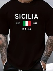 Mens Sicily Print T Shirt Italy Graphic Stylish Casual Crew Neck Summer Tee