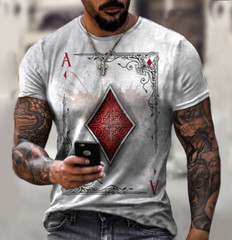 Camiseta De Hombre Manga Corta Blanco Antiguo Moda Naipes Diamante Verano Sedoso