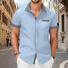 Camisa Con Botones Elegante De Manga Corta Para Hombres Sólida Cuello Levantado