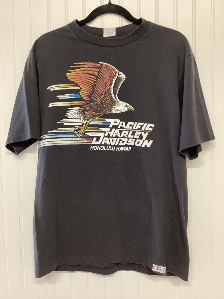 VTG Tee Pacific HarleyDavidson HonoluluHawaii CrazyShirt Black Biker Eagle Sz Lg