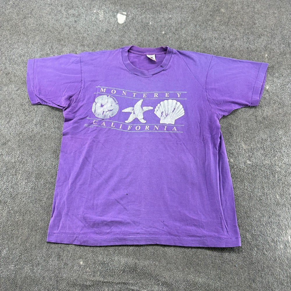 VINTAGE Monterey California Shirt Mens XL Purple Sun Faded Shells Starfish 90s