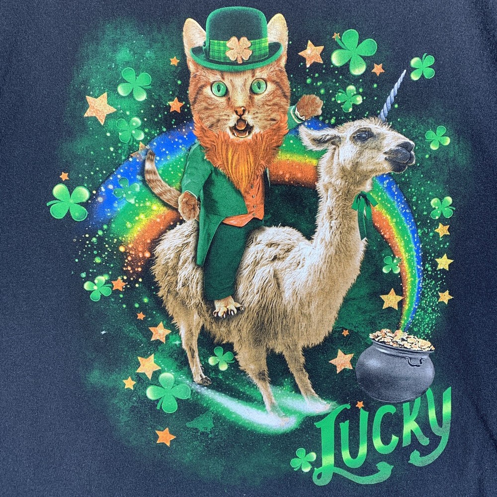 St. Patrick’s Day T Shirt Size L Large Black Cat Unicorn Short Sleeve Irish Fun