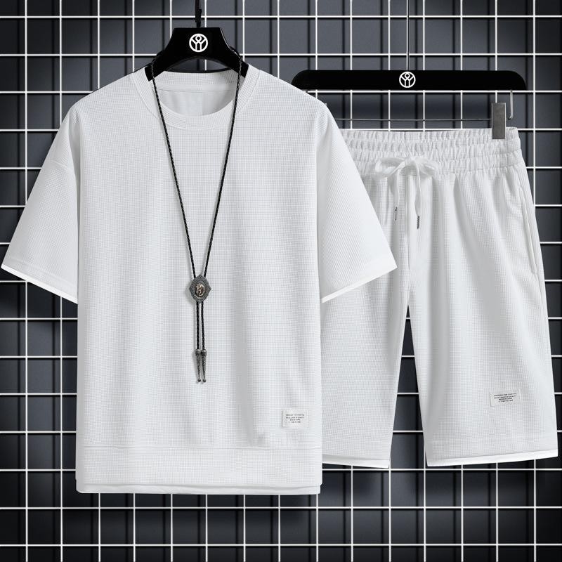 Summer Men’s Waffle Sets Casual T-Shirt And Shorts Set Male Sports Suit