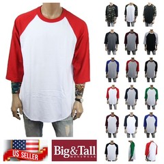 Men S-3XL Baseball Plain T-Shirt Lot 3/4 Sleeve Raglan Crew Neck Sports Jersey