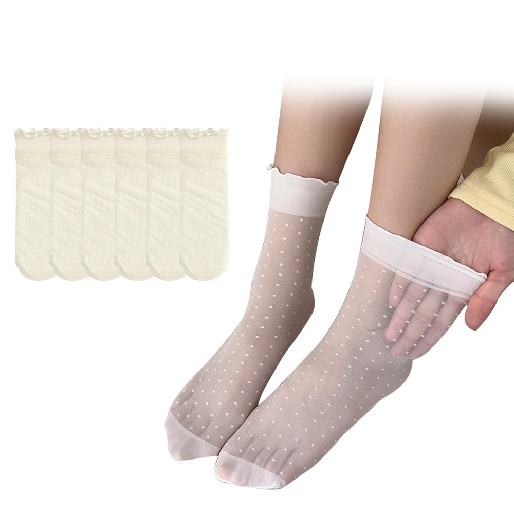 Womens Ruffle Sheer Socks Casual Lace Socks Polka Dot Pattern Mid-Calf Socks …