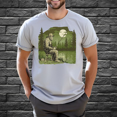 Bigfoot Shirt Fishing Forest Lake Night Scene Outdoor Sasquatch Art Tshirt Gray
