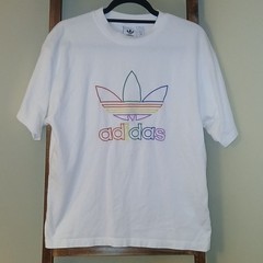 adidas Originals Men’s White Rainbow Trefoil Logo Graphic Crew Neck Tee M