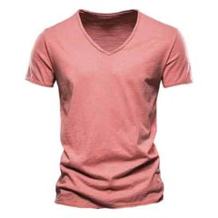 100% Cotton V-Neck Design Slim Fit Soild Color Short Sleeve T Shirt for Men