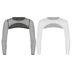 Mens See Through Fishnet Cropped Top Long Sleeve Shrugs Crop Top Clubwear