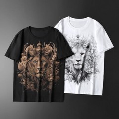 New Fashion Lion Rhinestone Summer Short Sleeve Luxury Men Cotton Trend T-Shirt