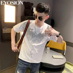 New Fashion Wings Trend Rhinestone Summer Short Sleeve Luxury Men Cotton T-Shirt