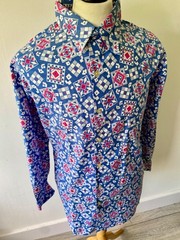 VTG mens 80’s LOTUS BLUE RETRO PATTERN LOOSE FIT LONG SLEEVED SHIRT 42″