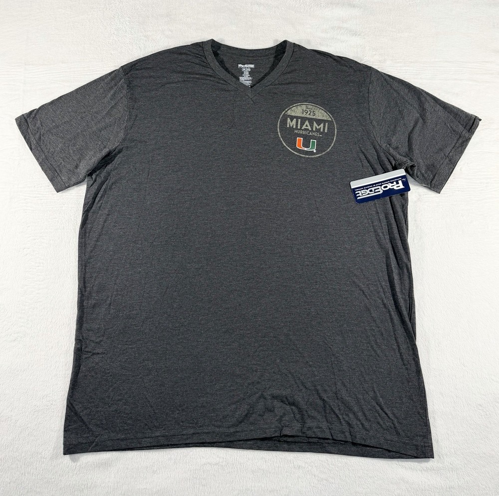 Pro Edge Men’s Heather Gray V Neck Tri-Blend Miami Hurricanes Logo T Shirt, 2XL