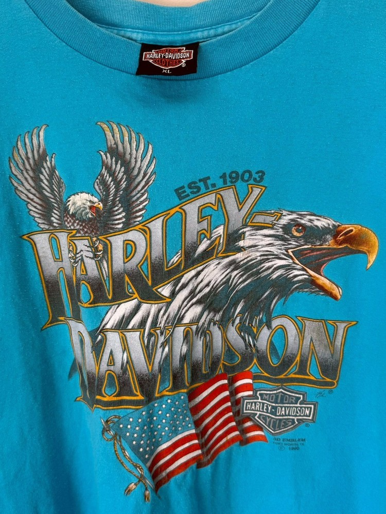 Vtg 1990 Harley Davidson 3D Emblem T Shirt XL Eagle Single Stitch Teal USA Made