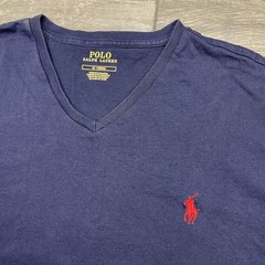 Polo Ralph Lauren V Neck T Shirt Mens Medium Cotton Navy Blue Red Pony Logo