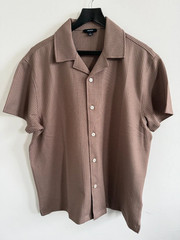 REISS Mens Taupe Brown Warwick Cuban Collar SS Shirt Designer Textured