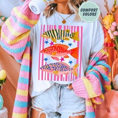 Preppy Coastal Fish Shirt Colorful Summer Graphic Tee Vacation Aesthetic