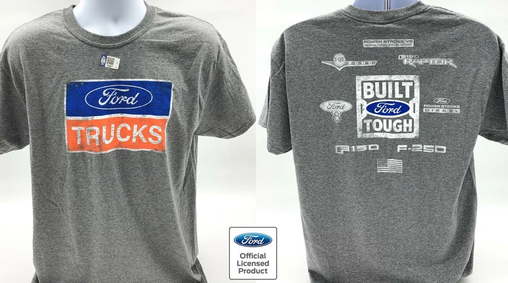 Gray T-Shirt – Ford Trucks Logo w/ F-250 Powerstroke, F-150, Raptor & V8 Emblem