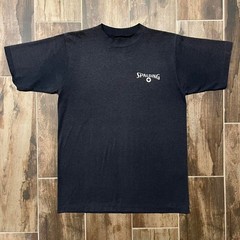 VTG Spalding T-Shirt Men’s M Black Polycotton Spellout Logo Faded 90s