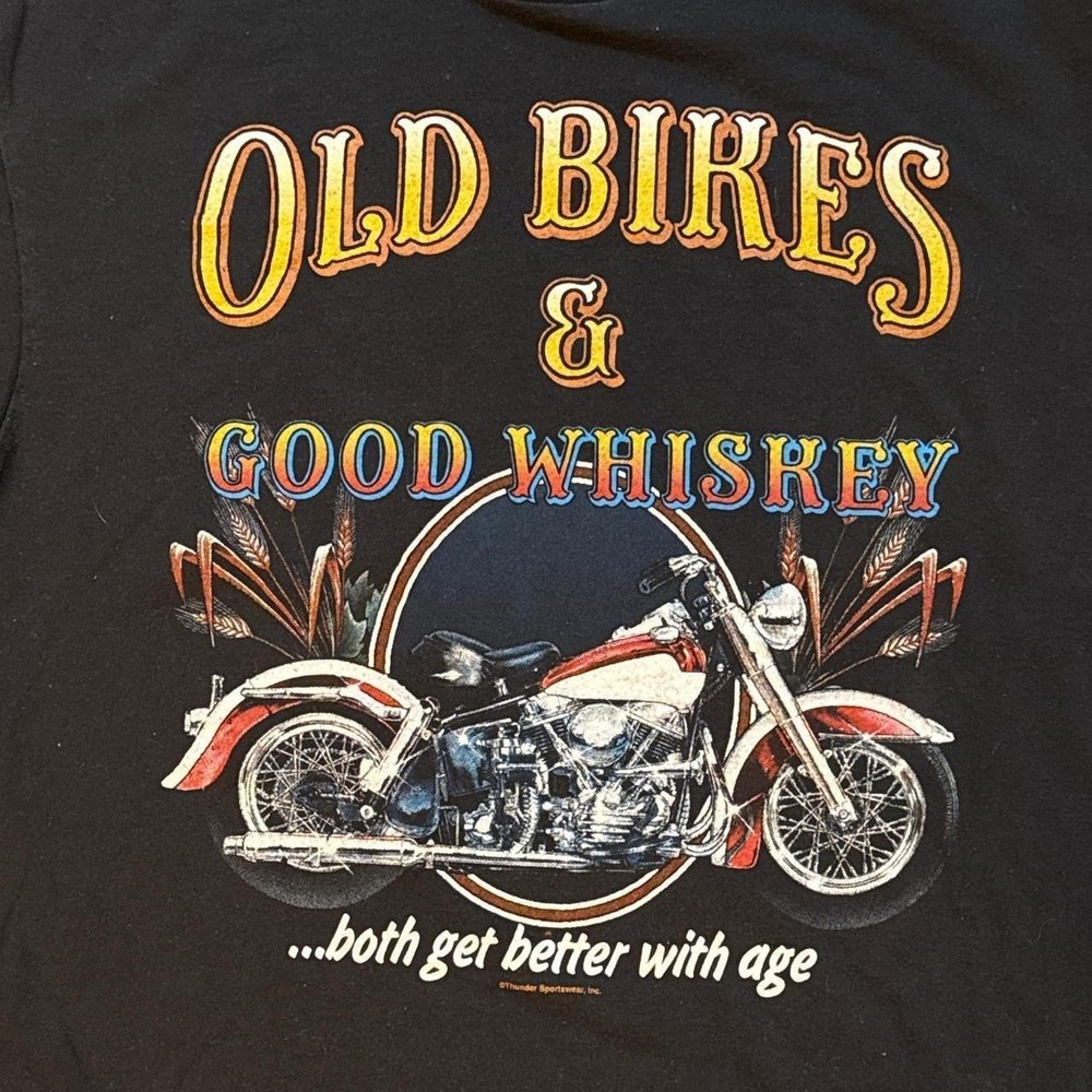 Gildan Black Motorcycle Graphic T Shirt Old Bikes & Good Whiskey Biker Tee XL