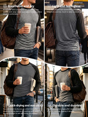 Mens Contrast Baseball Long Sleeve T Shirt Casual Top 100% POLYSTER 4 Colours