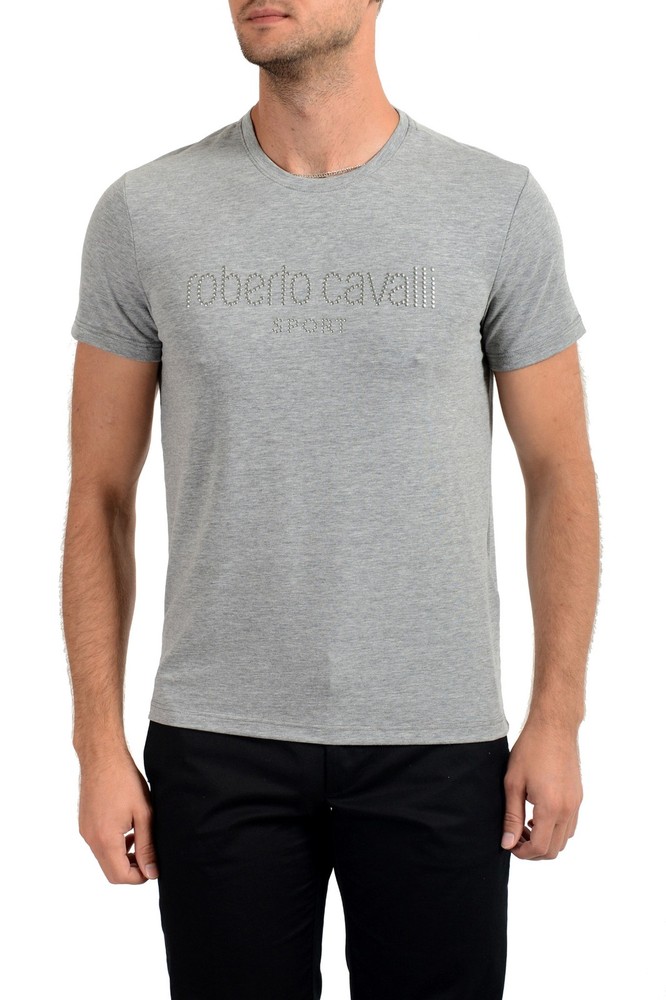 Roberto Cavalli “SPORT” Men’s Gray Embellished Stretch T-Shirt US 2XL IT 56