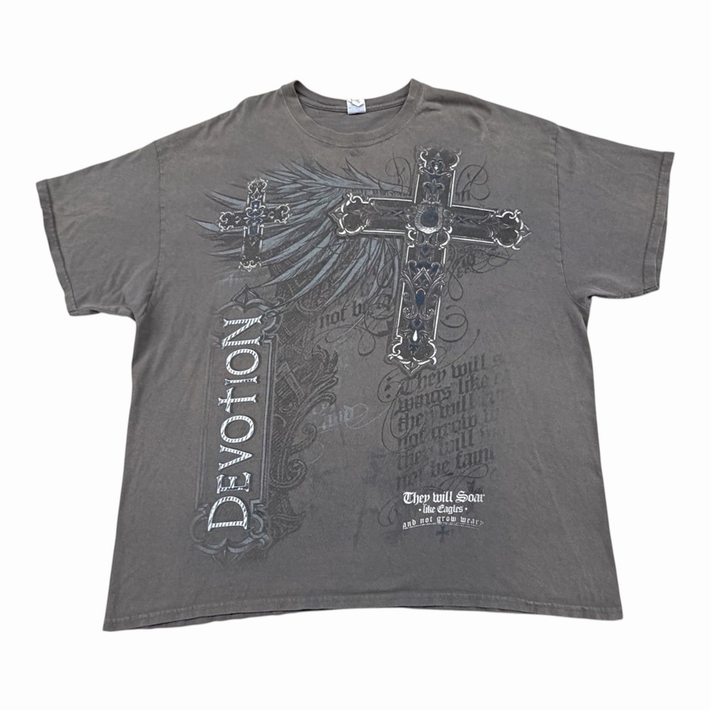 Vintage Y2K DEVOTION Gothic Angel Cross Graphic T-Shirt Mens Size 2XL Gray