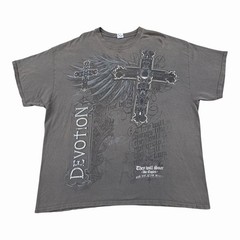 Vintage Y2K DEVOTION Gothic Angel Cross Graphic T-Shirt Mens Size 2XL Gray