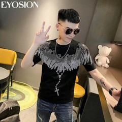 New Fashion Wings Trend Rhinestone Summer Short Sleeve Luxury Men Cotton T-Shirt