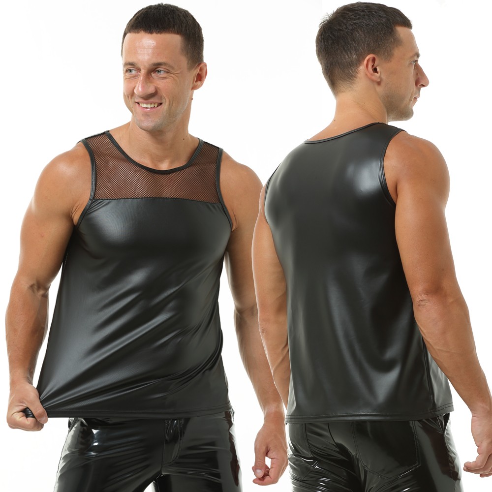Mens Stretchy Faux Leather Tank Tops Vest Muscle Undershirts Sleeveless Clubwear