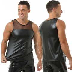 Mens Stretchy Faux Leather Tank Tops Vest Muscle Undershirts Sleeveless Clubwear