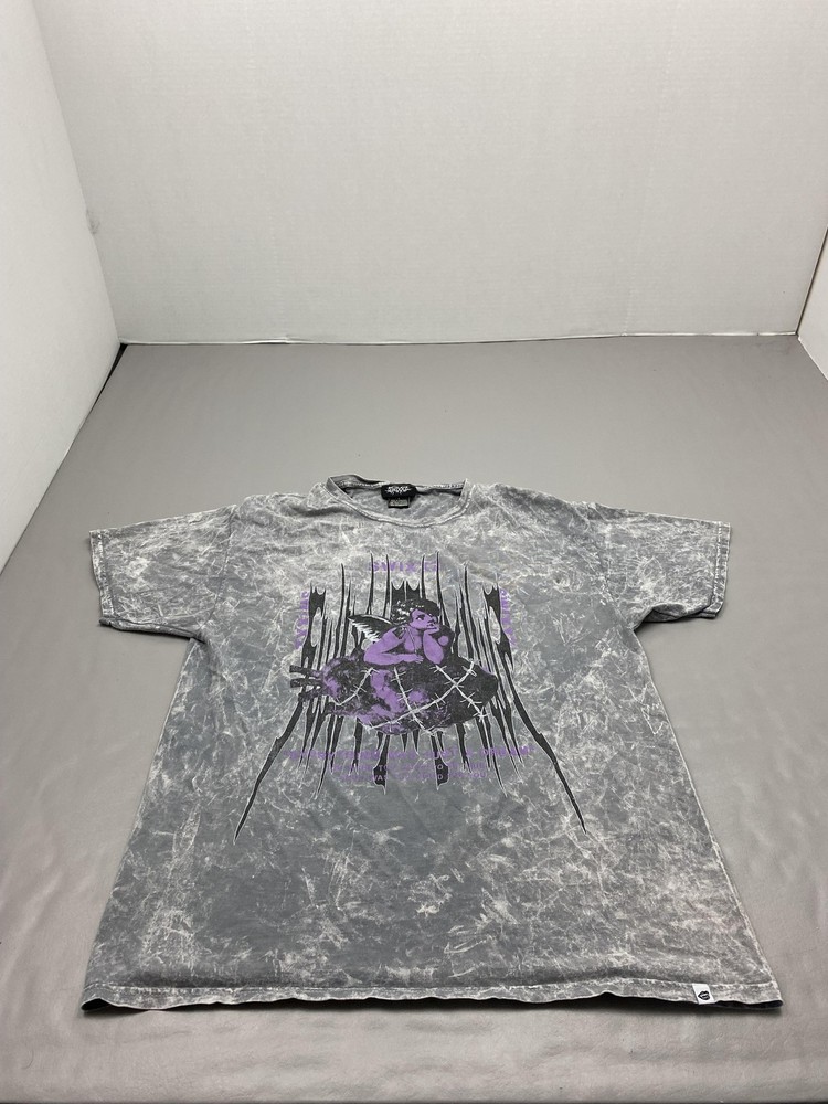Shirt Mens L Gray Acid Wash Cherub Angel Graphic Tee Crewneck Cotton Jersey